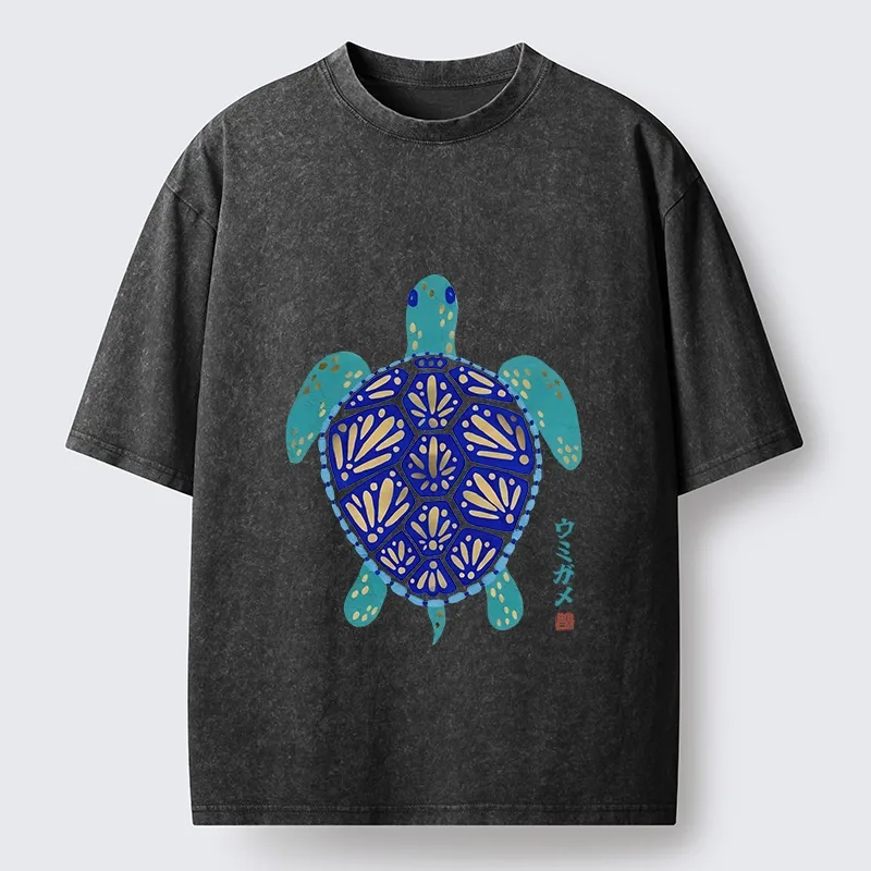 Tokyo-Tiger Blue Gold Sea Turtle Japanese Art Print Washed T-Shirt