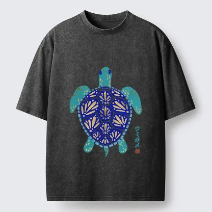 Tokyo-Tiger Blue Gold Sea Turtle Japanese Art Print Washed T-Shirt