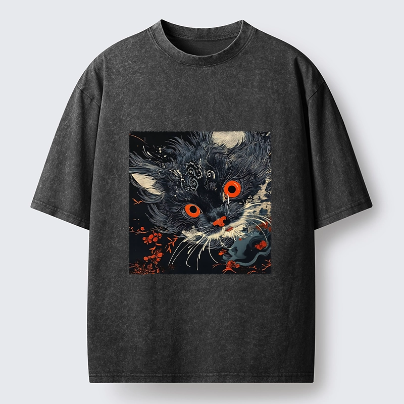 Tokyo-Tiger Soft Fluffy Black Cat Vintage Oriental Print Washed T-Shirt