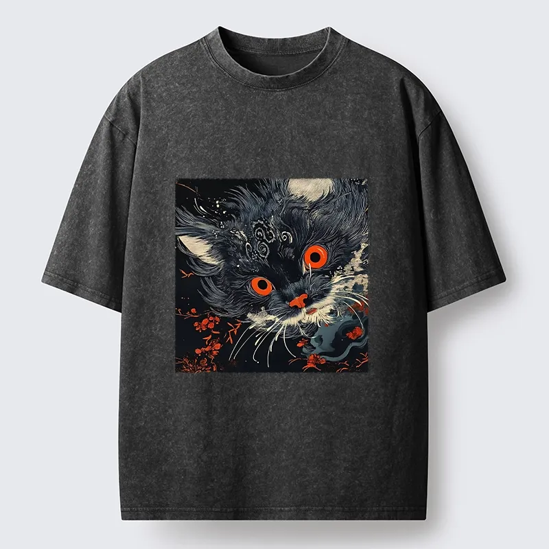 Tokyo-Tiger Soft Fluffy Black Cat Vintage Oriental Print Washed T-Shirt