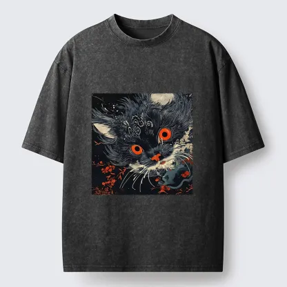 Tokyo-Tiger Soft Fluffy Black Cat Vintage Oriental Print Washed T-Shirt