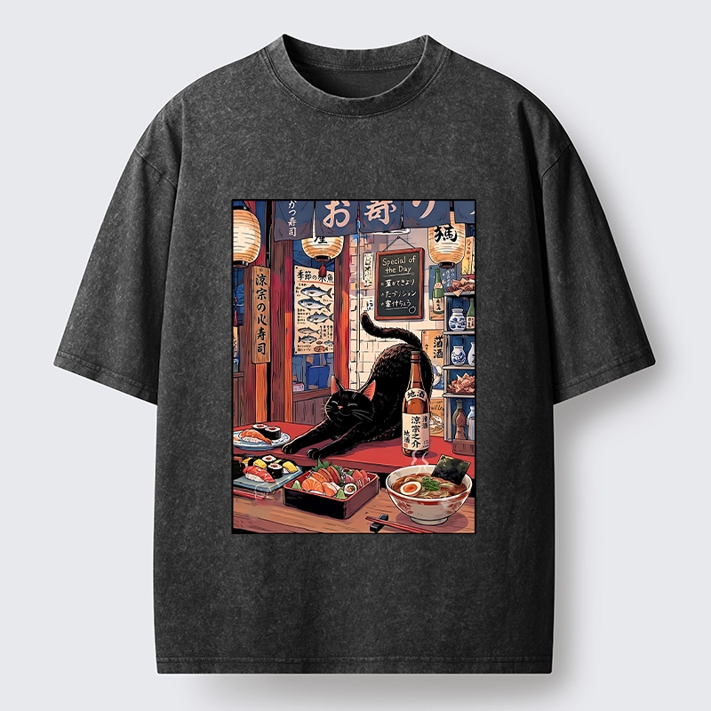 Tokyo-Tiger Warm Lantern Izakaya Black Cat Food Art Print Washed T-Shirt
