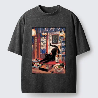 Tokyo-Tiger Warm Lantern Izakaya Black Cat Food Art Print Washed T-Shirt