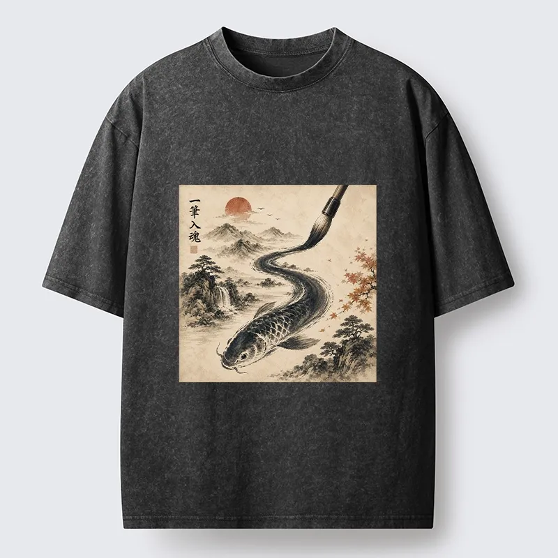 Tokyo-Tiger Autumn Mountain Ink Carp Brush Design Washed T-Shirt
