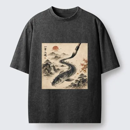 Tokyo-Tiger Autumn Mountain Ink Carp Brush Design Washed T-Shirt