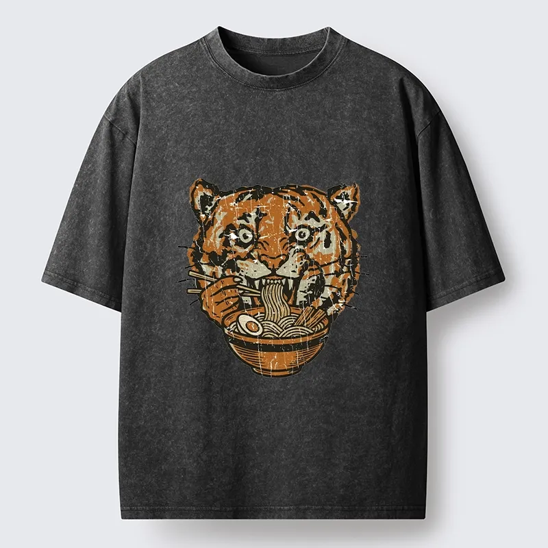 Tokyo-Tiger Vintage Tiger Ramen Funny Meme Washed T-Shirt