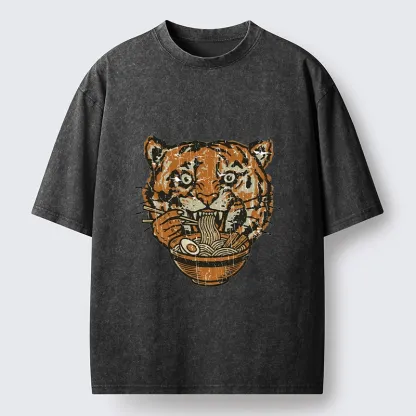 Tokyo-Tiger Vintage Tiger Ramen Funny Meme Washed T-Shirt