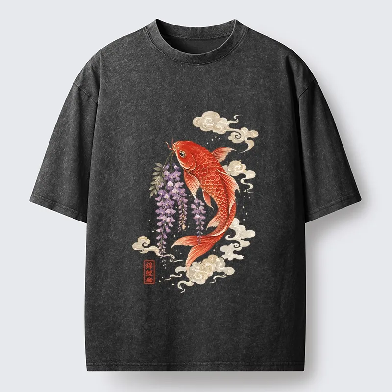 Tokyo-Tiger Soft Cloud Koi Floral Graphic Print Washed T-Shirt