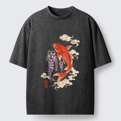 Tokyo-Tiger Soft Cloud Koi Floral Graphic Print Washed T-Shirt