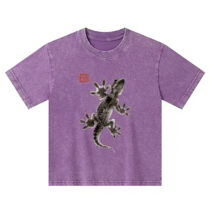 Tokyo-Tiger Minimal Asian Ink Brush Gecko Vibe Kids Washed T-Shirt