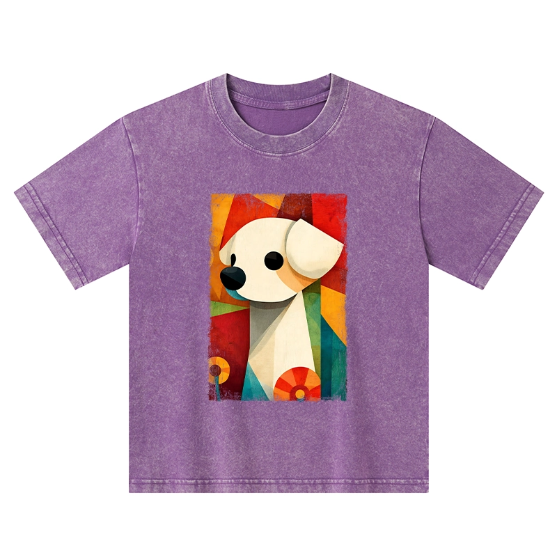 Tokyo-Tiger Retro Abstract Color Block Puppy Art Kids Washed T-Shirt