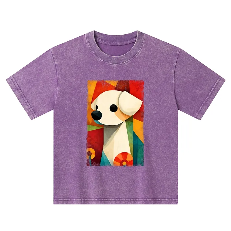 Tokyo-Tiger Retro Abstract Color Block Puppy Art Kids Washed T-Shirt