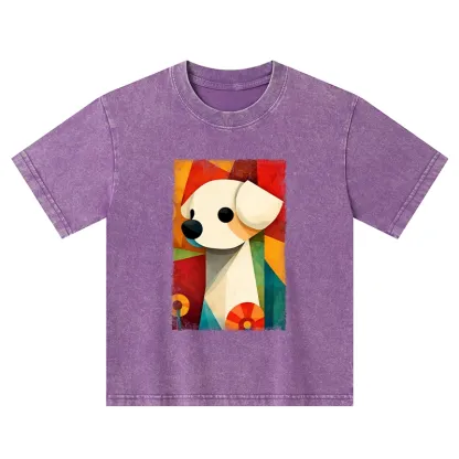 Tokyo-Tiger Retro Abstract Color Block Puppy Art Kids Washed T-Shirt
