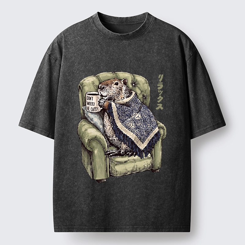 Tokyo-Tiger Relax Capybara Cozy Sofa Warm Blanket Washed T-Shirt