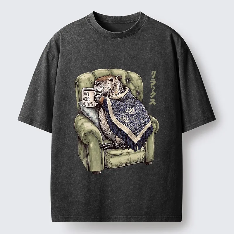 Tokyo-Tiger Relax Capybara Cozy Sofa Warm Blanket Washed T-Shirt