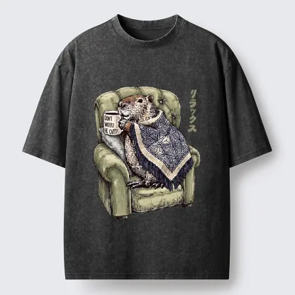 Tokyo-Tiger Relax Capybara Cozy Sofa Warm Blanket Washed T-Shirt