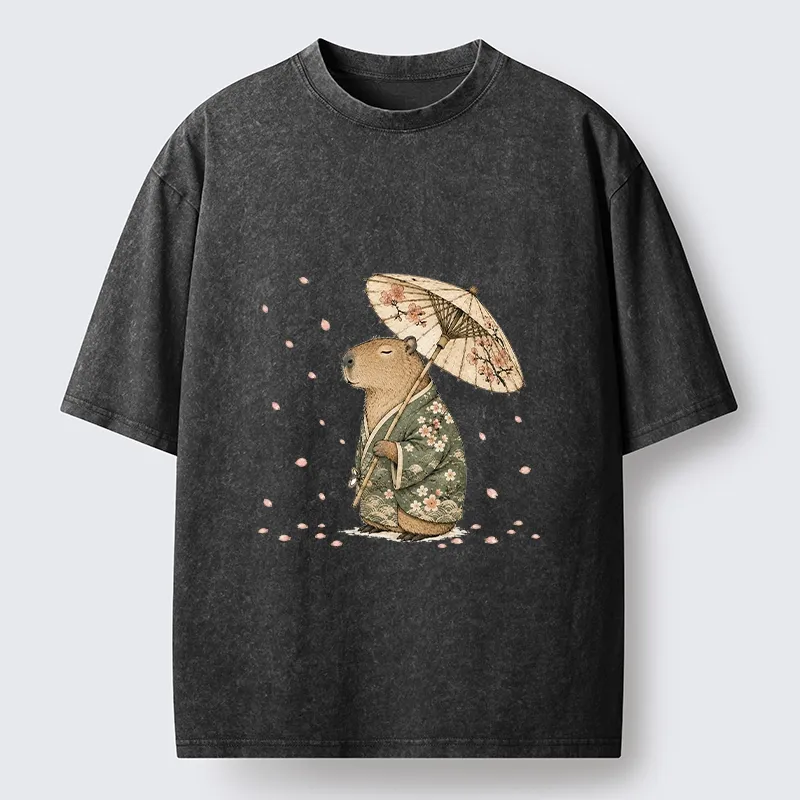 Tokyo-Tiger Relaxed Capybara Spring Sakura Kimono Art Washed T-Shirt