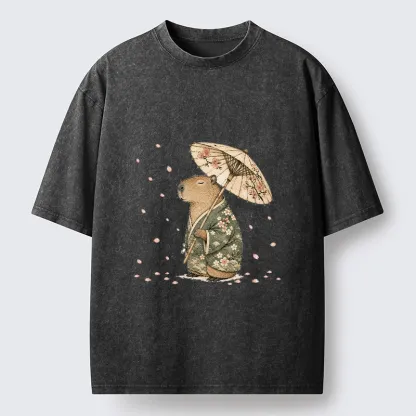 Tokyo-Tiger Relaxed Capybara Spring Sakura Kimono Art Washed T-Shirt