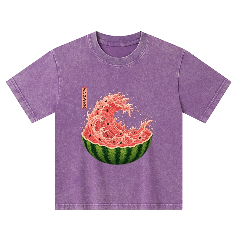 Tokyo-Tiger Watermelon Wave Summer Ukiyo Art Kids Washed T-Shirt