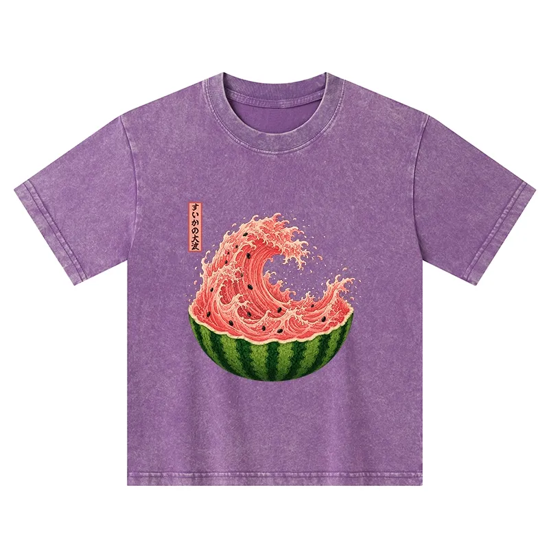 Tokyo-Tiger Watermelon Wave Summer Ukiyo Art Kids Washed T-Shirt