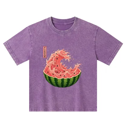 Tokyo-Tiger Watermelon Wave Summer Ukiyo Art Kids Washed T-Shirt