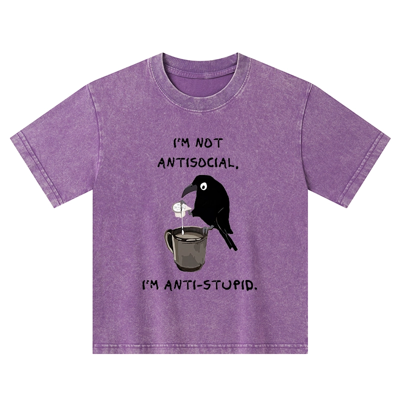 Tokyo-Tiger Cool Crow Sips Calm Coffee Alone Kids Washed T-Shirt