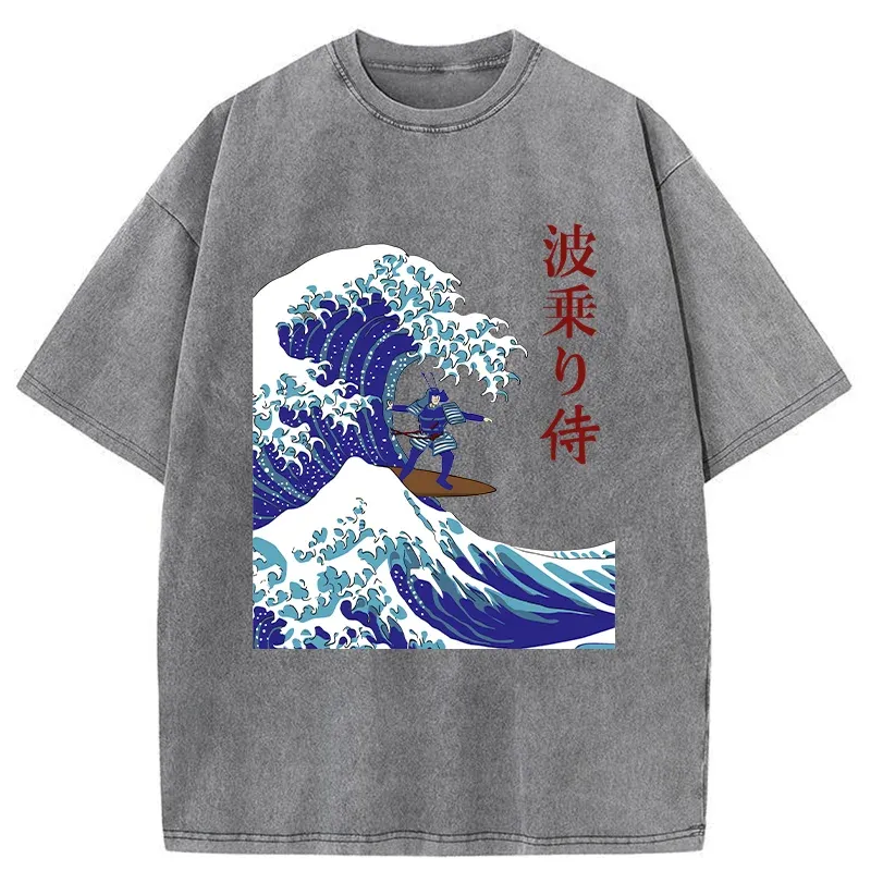 Tokyo-Tiger Funny Samurai Surf Washed T-Shirt
