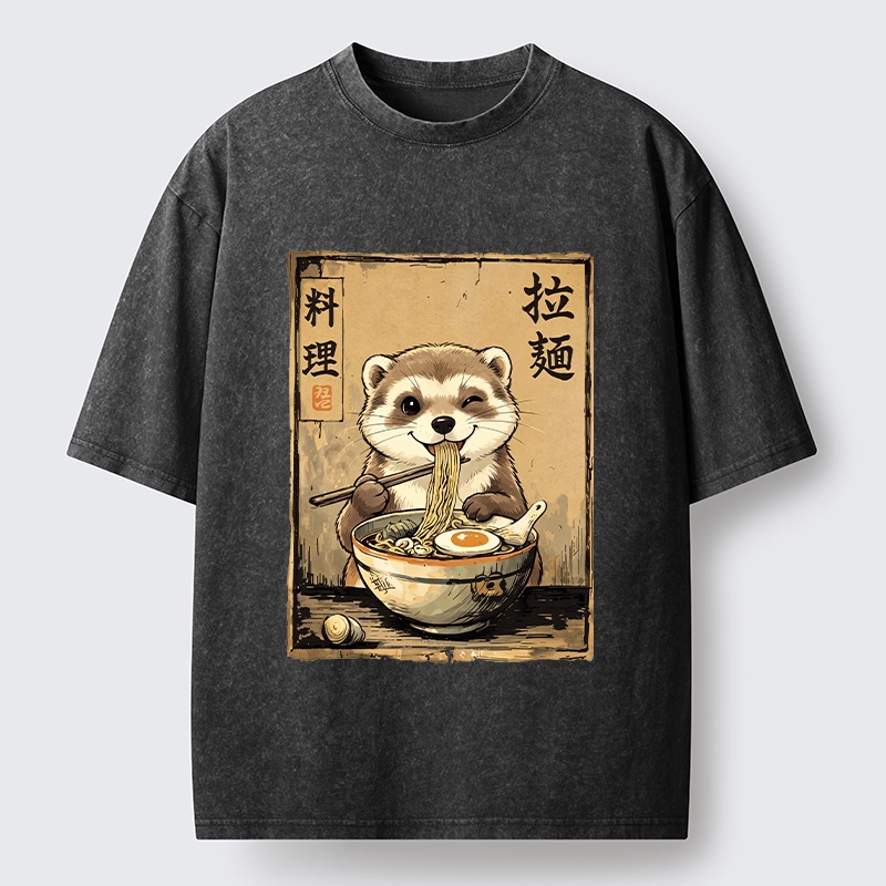 Tokyo-Tiger Ferret Eating Hot Ramen Washed T-Shirt