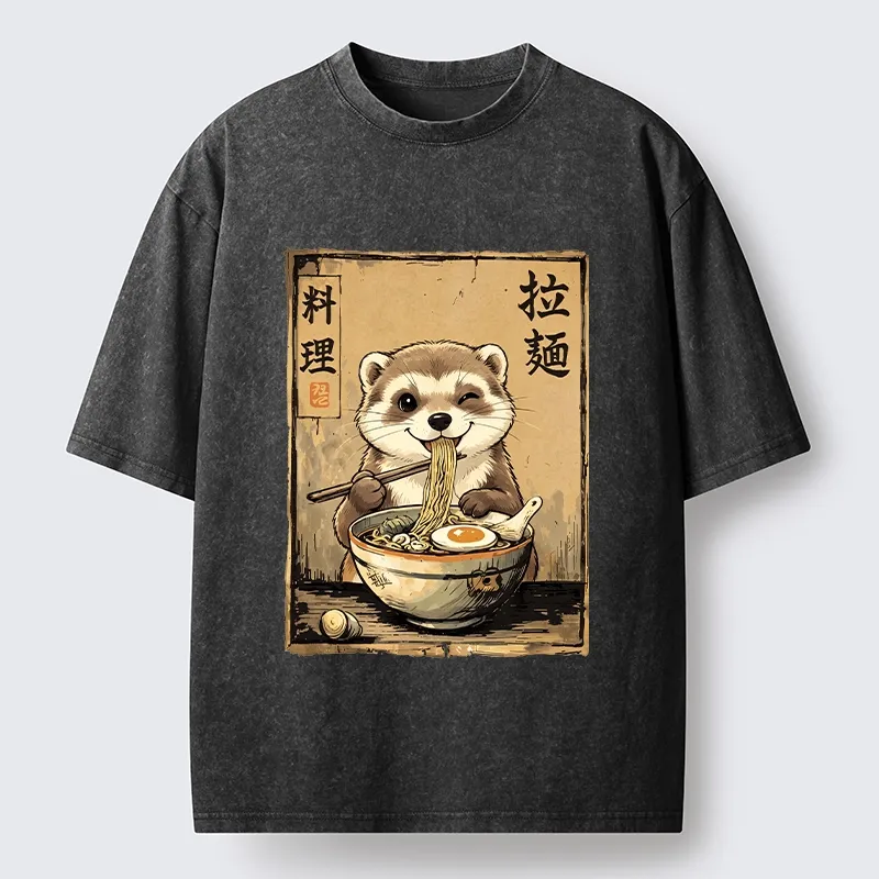 Tokyo-Tiger Ferret Eating Hot Ramen Washed T-Shirt