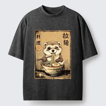 Tokyo-Tiger Ferret Eating Hot Ramen Washed T-Shirt