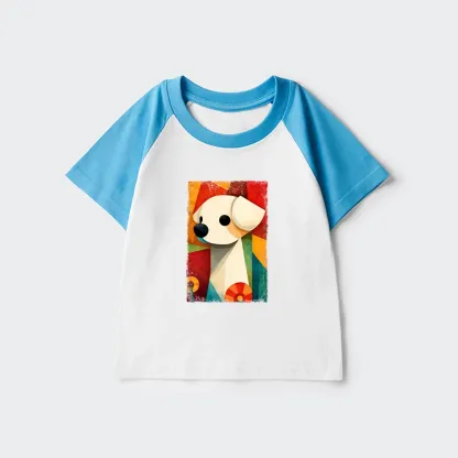 Tokyo-Tiger Retro Abstract Color Block Puppy Art Kids Raglan T-shirt