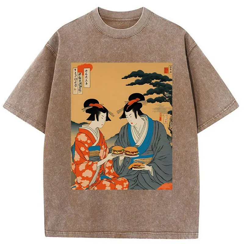 Tokyo-Tiger Geisha Eating Burgers Washed T-Shirt