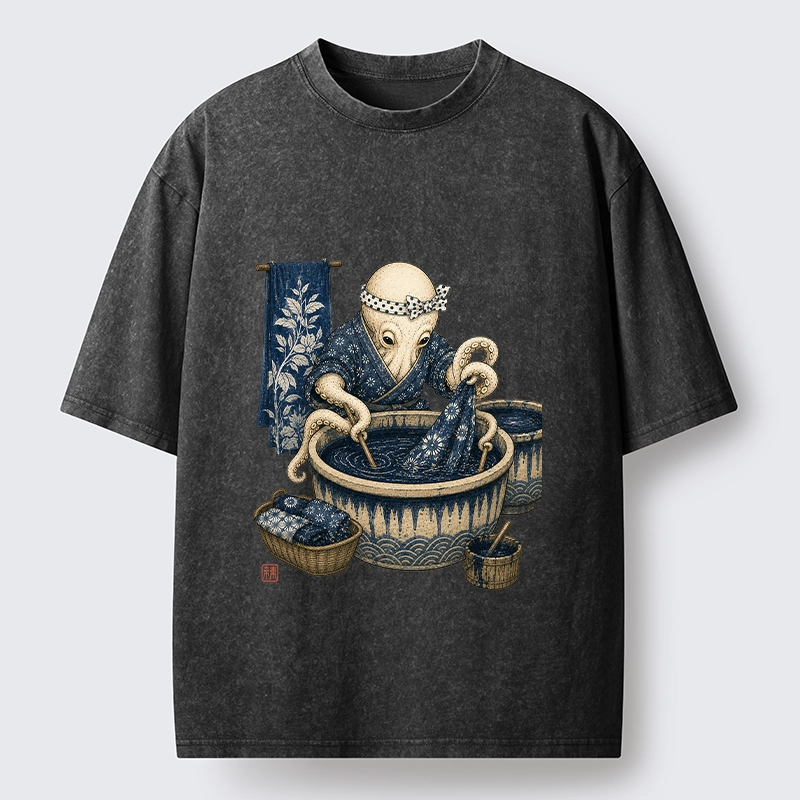 Tokyo-Tiger Kimono Dye Octopus Art Washed T-Shirt