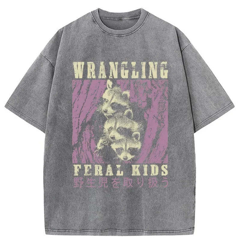 Tokyo-Tiger Wrangling Feral Raccoon Kids Washed T-Shirt