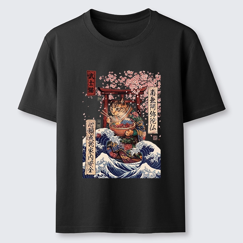 Tokyo-Tiger Samurai Cat Eating Noodles Wave Scene Classic T-Shirt