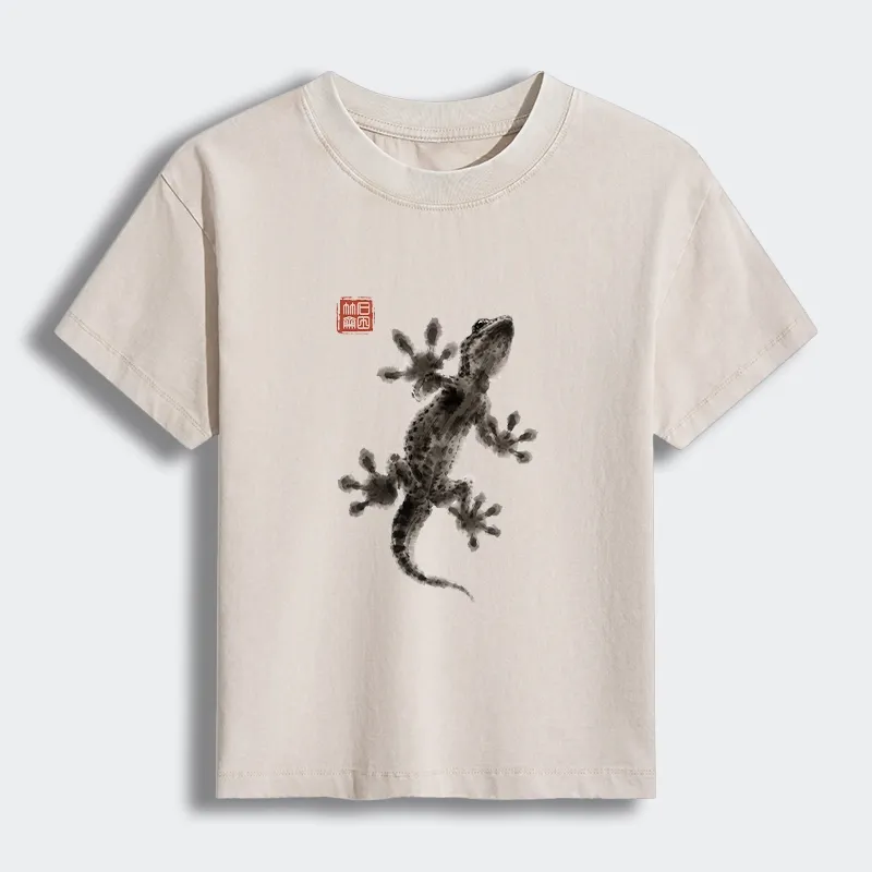 Tokyo-Tiger Minimal Asian Ink Brush Gecko Vibe Women's Washed T-shirt