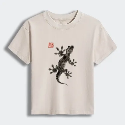 Tokyo-Tiger Minimal Asian Ink Brush Gecko Vibe Women's Washed T-shirt