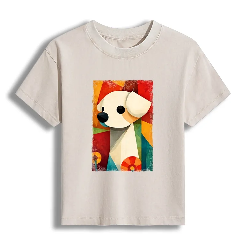 Tokyo-Tiger Retro Abstract Color Block Puppy Art Women's Washed T-shirt
