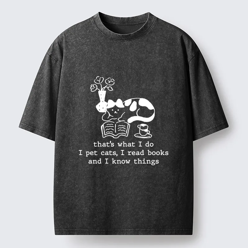 Tokyo-Tiger Book Loving Coffee Cat Washed T-Shirt