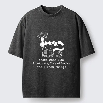 Tokyo-Tiger Book Loving Coffee Cat Washed T-Shirt