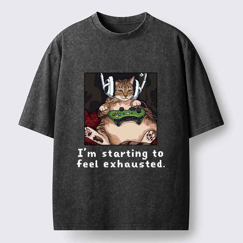 Tokyo-Tiger Exhausted Gamer Cat Washed T-Shirt