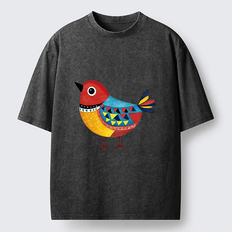 Tokyo-Tiger Folk Art Color Bird Washed T-Shirt