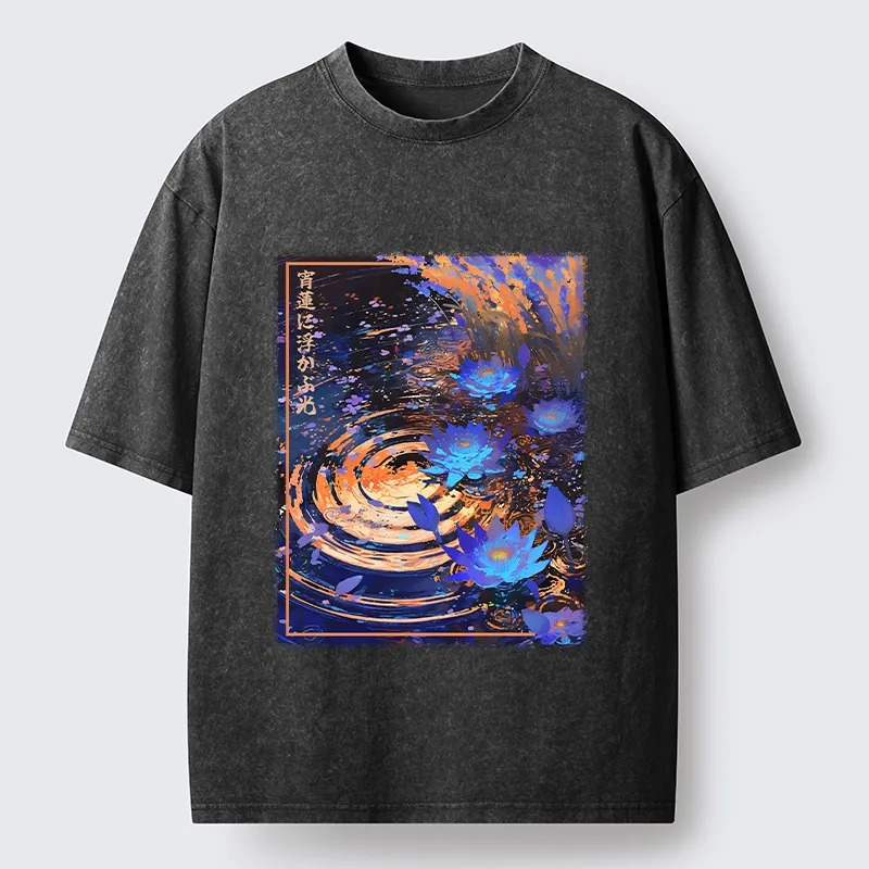 Tokyo-Tiger Night Lotus Water Glow Washed T-Shirt