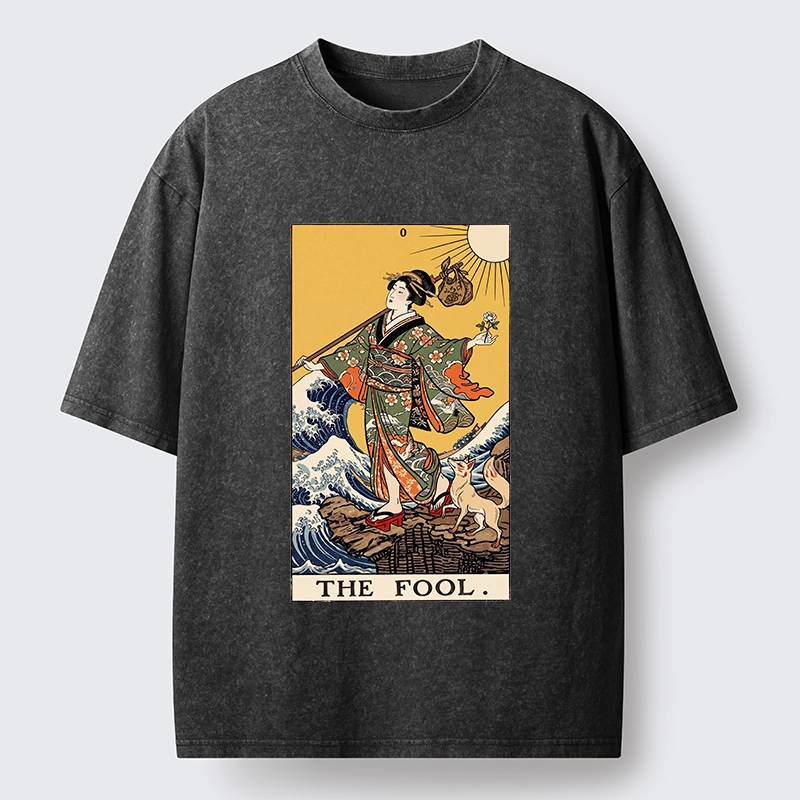 Tokyo-Tiger Ukiyo E Fool Tarot Washed T-Shirt
