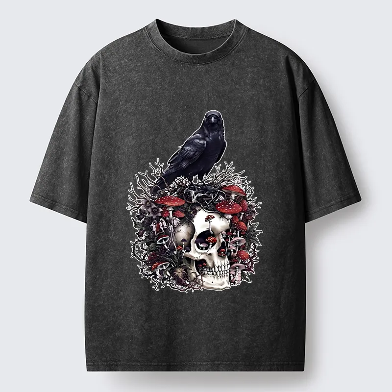 Tokyo-Tiger Crow Skull Mushroom Art Washed T-Shirt