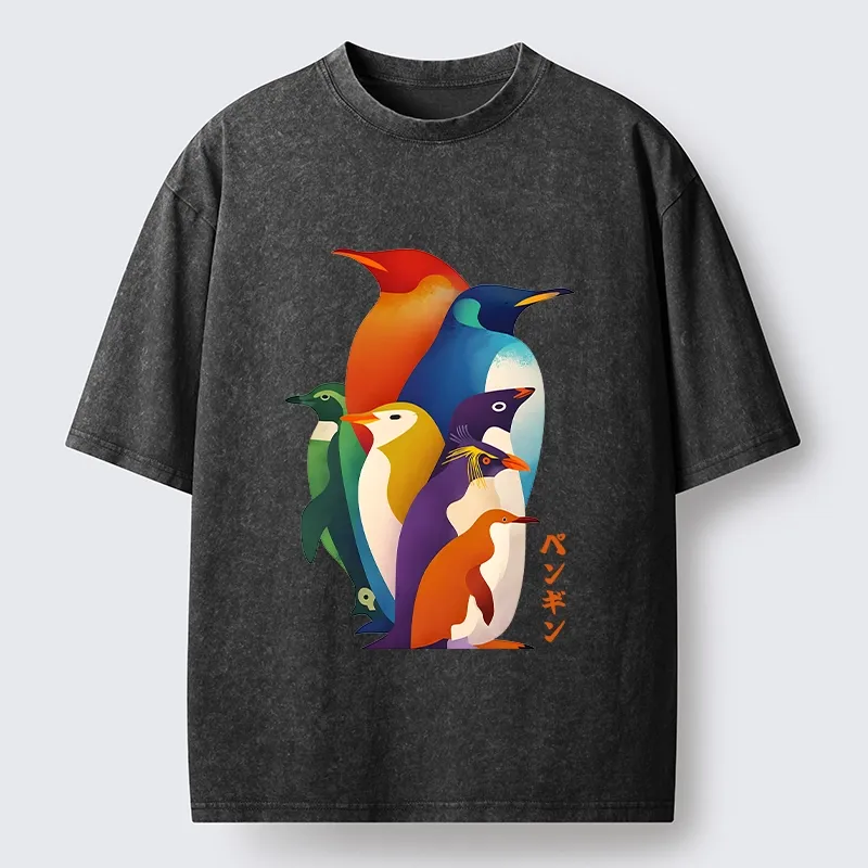 Tokyo-Tiger Cute Multi Tone Penguins Washed T-Shirt