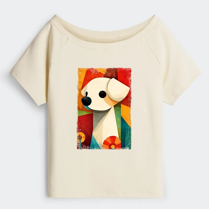 Tokyo-Tiger Retro Abstract Color Block Puppy Art Off Shoulder T-Shirt