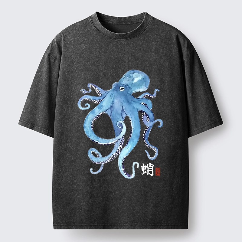 Tokyo-Tiger Watercolor Blue Octopus Washed T-Shirt