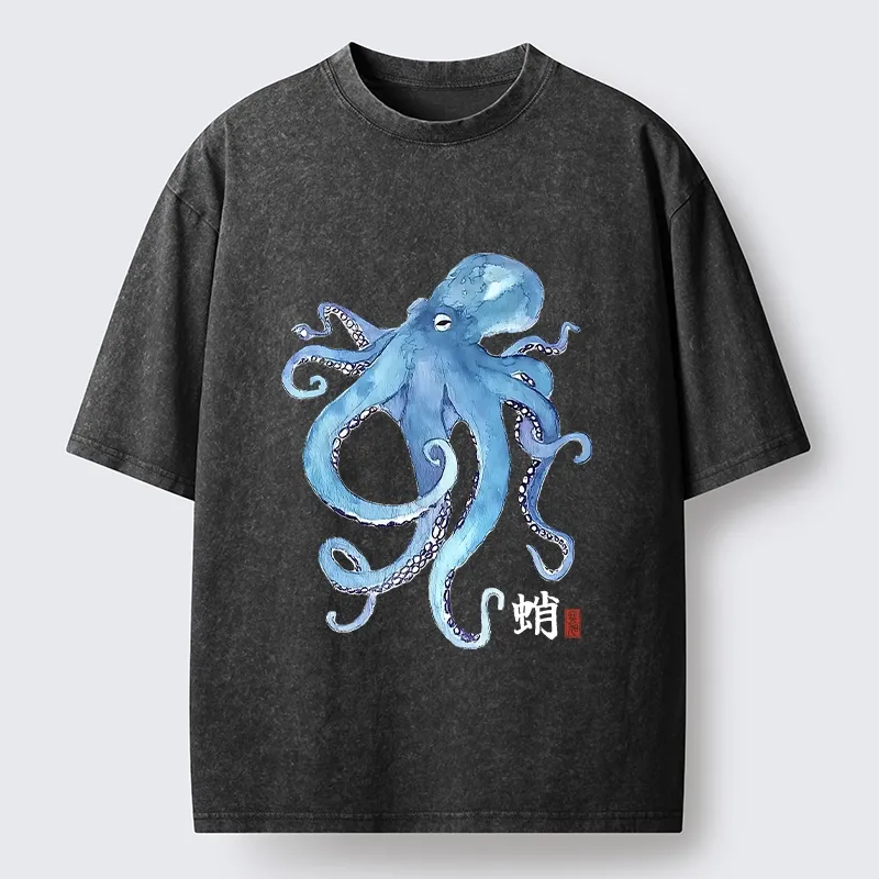 Tokyo-Tiger Watercolor Blue Octopus Washed T-Shirt