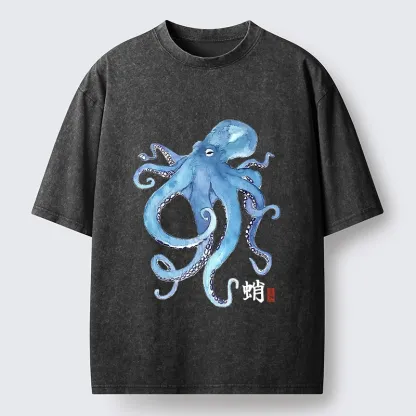 Tokyo-Tiger Watercolor Blue Octopus Washed T-Shirt
